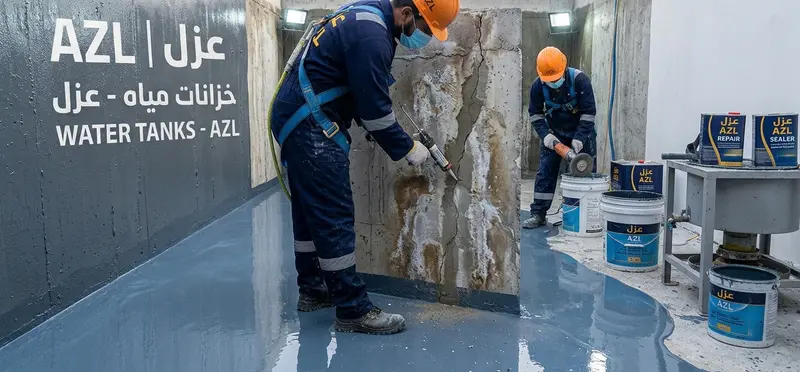 معالجة شرخ في جدار خزان مياه أرضي قبل تطبيق طبقة العزل الداخلية